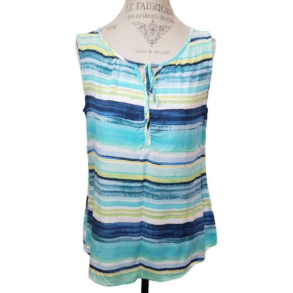 Fresh Multi Color Striped Sleeveless Blouse Key Hole Crewneck Blue Shirt Top